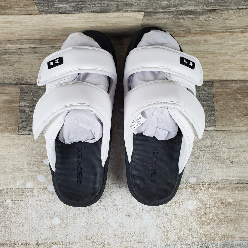 Seichi Senko Mens Slides Sandals‎ Sz 9 White Black Comfort Slip On